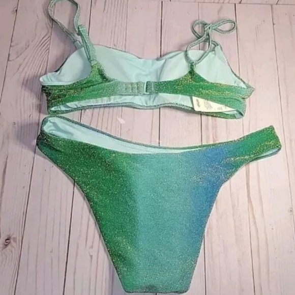 Aerie sparkle straight scoop Bikini Top & Bottom Swimsuit Blue Green Medium NWOT - Picture 5 of 6